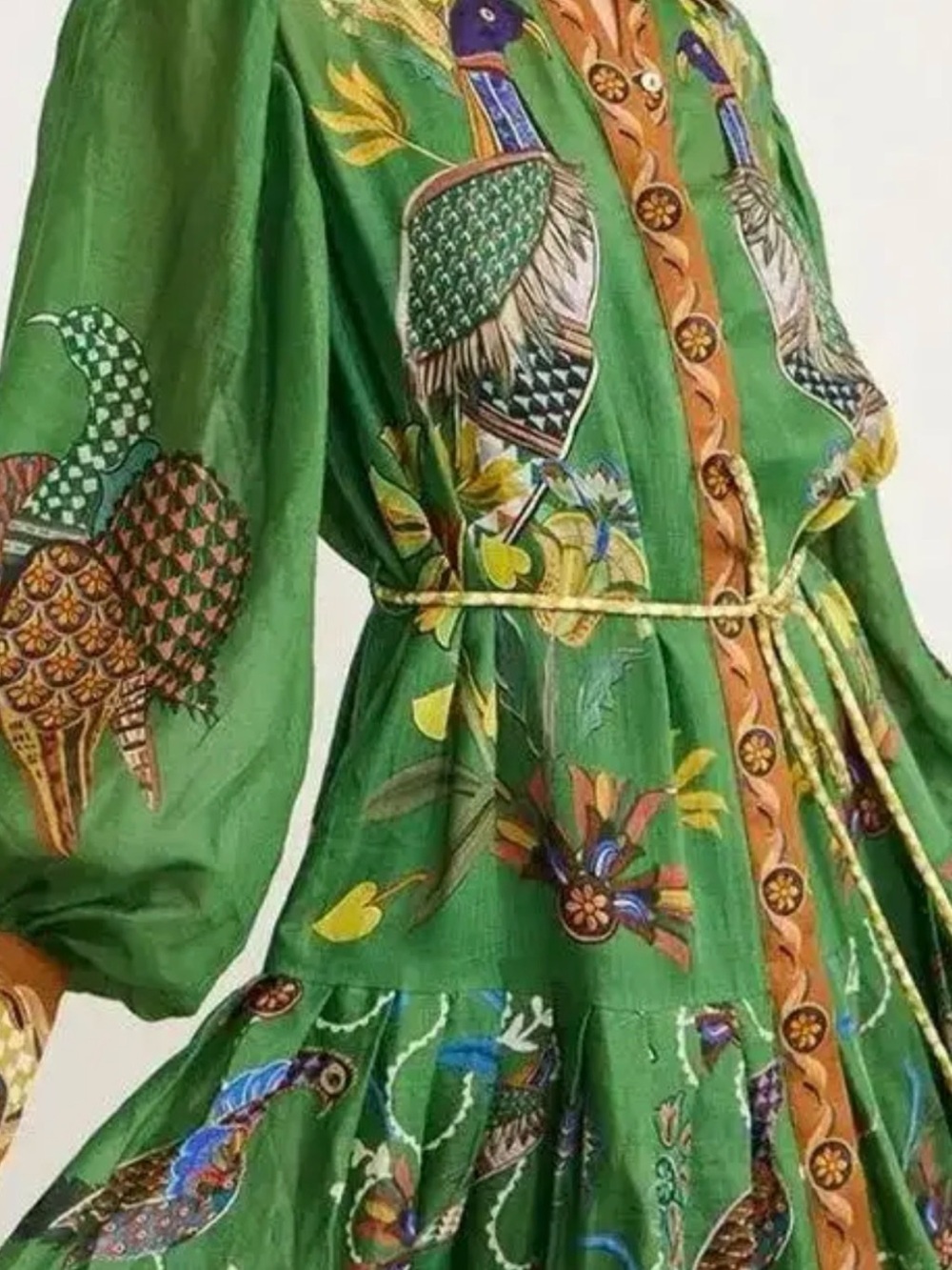 NWOT Beulah Green Button-Front Dress Bird Floral Motif SZ M pit2pit 19” 48” - Picture 1 of 10
